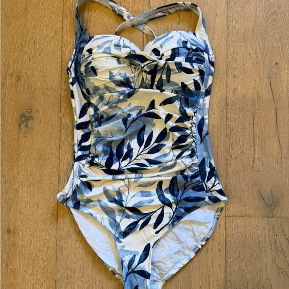 Blue and White Leaf Print Kids Swimsuit